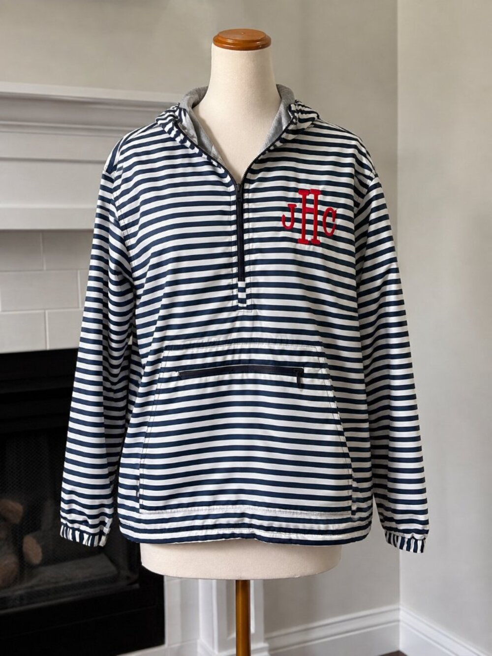 Charles River Apparel Striped Quarter Zip Hooded Windbreaker Jacket M